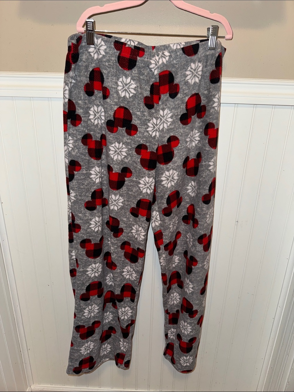 Disney Gray Fleece Pajama Pants with Red Buffalo Plaid Mickey Print